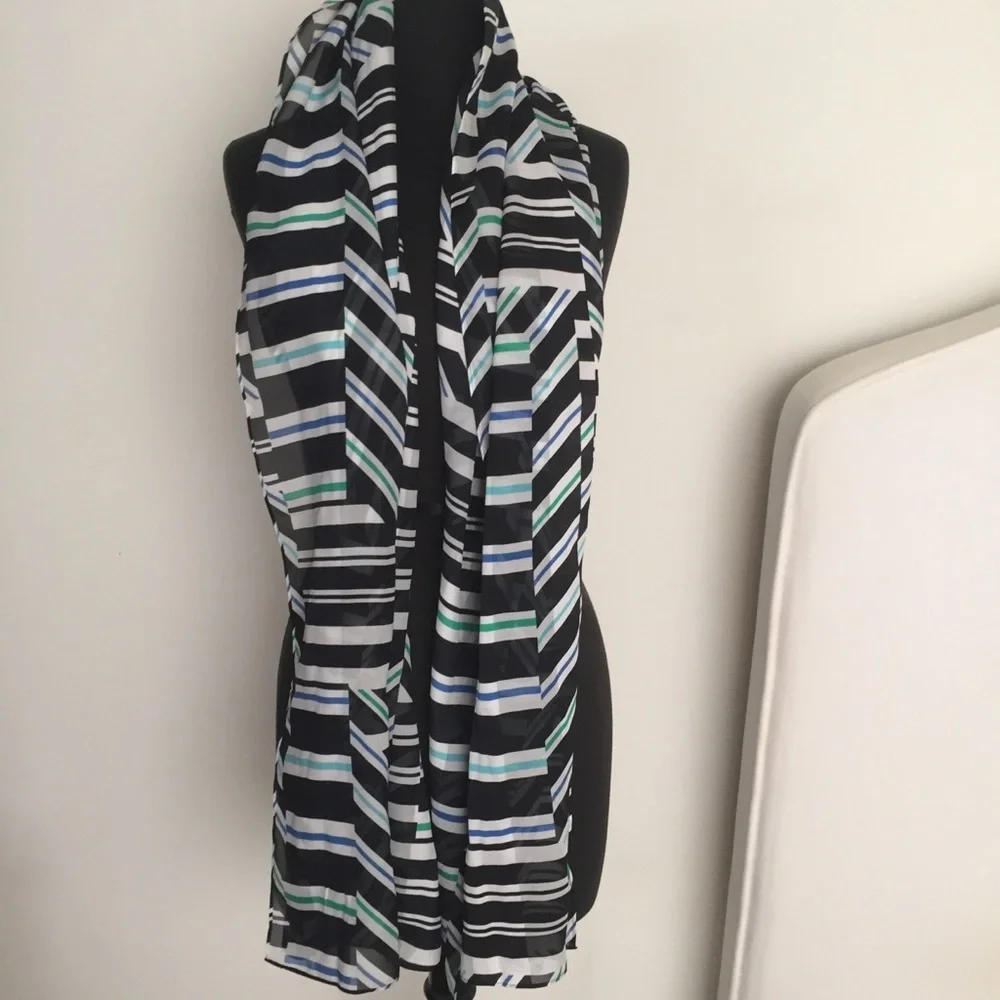 Large Sheer Scarf Calvin Klein Geometric Striped Print Blue Green White Black